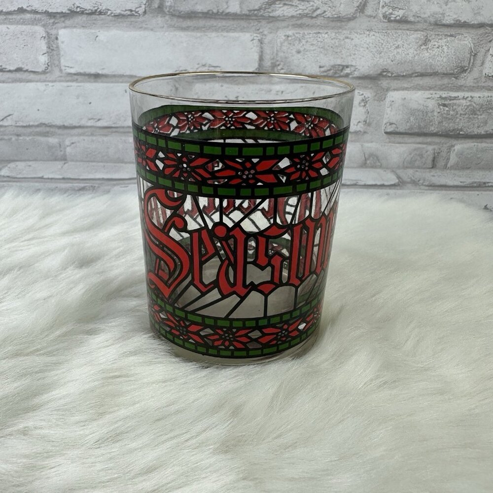 Houze Vintage Seasons Greetings Stained Glass Christmas Tumbler Cup